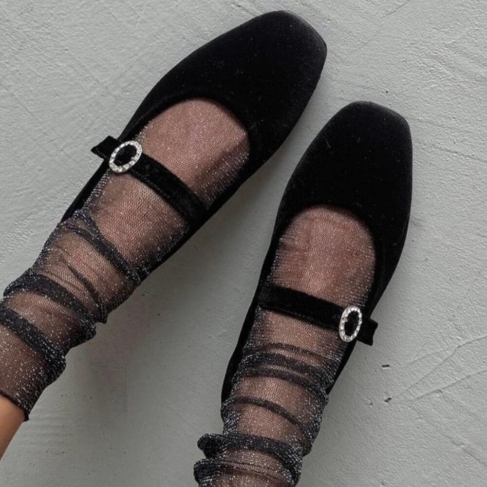 ZARA Rhinestone Buckle Velvet Mary Jane Ballerina Flats Size 40 US 9 Black